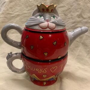 Rossi Silvestri Tea For One Set Cat Red Gold Excellent Royal Heart Ceramic